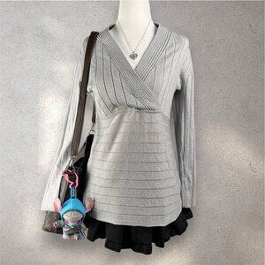 Style & Co Silver Metallic Sweater Women’s Petite M V-Neck Y2K Ribbed Knit NWT